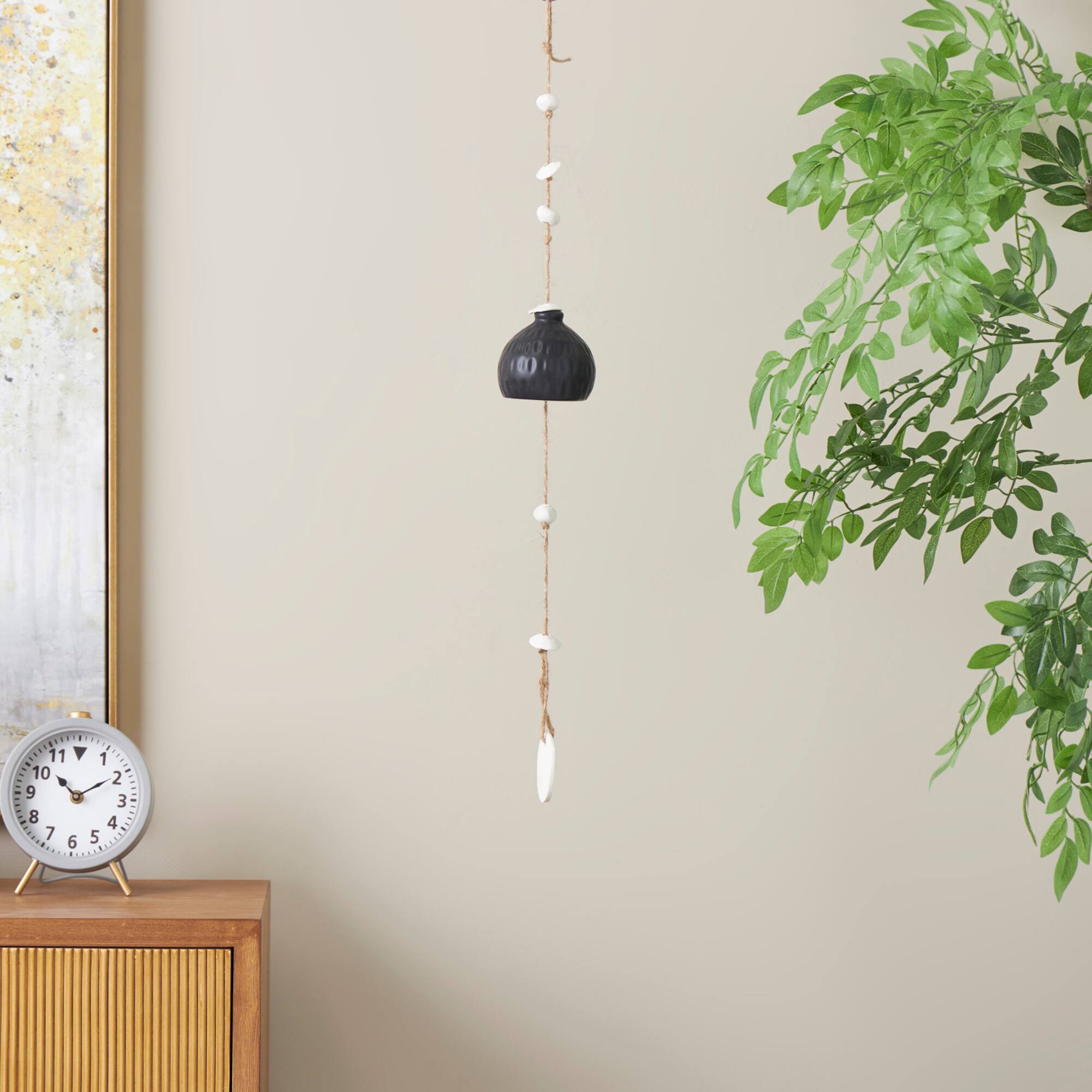 23" Black Ceramic Handmade Curved Bell Windchime with Cascading White Disks